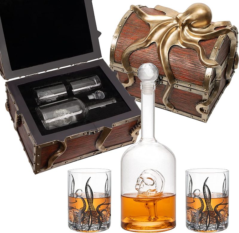 Photo 1 of ***SEE NOTE*** Octopus Kraken Chest Wine & Whiskey Decanter Set with 2 Glasses by The Wine Savant - Extraordinary Detail - Whiskey Gift Sets, Wine Gift Sets, Nautical Gifts, Kraken Sea, Sea Lover Gifts
