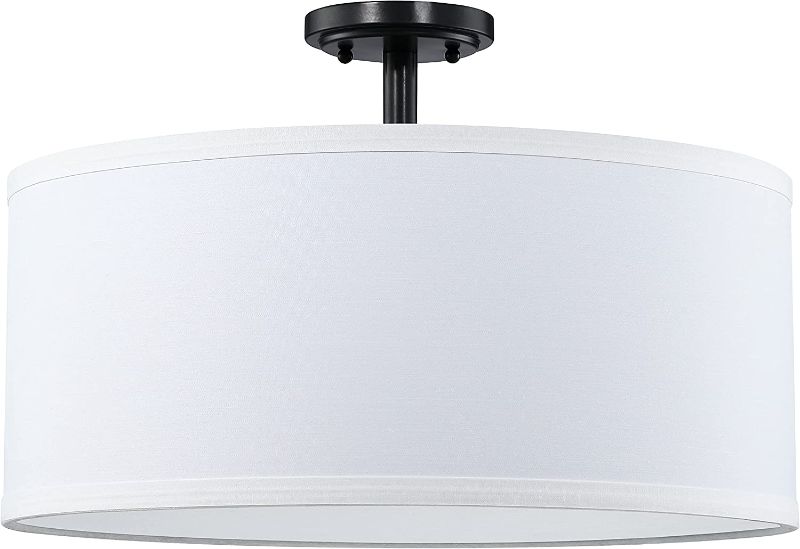 Photo 1 of 20“ 3 Light Off White Fabric Drum Shade semi Flush Mount Ceiling Light PS Diffuser with Oil Rubbed Bronze Finish, Chandeliers Shade
