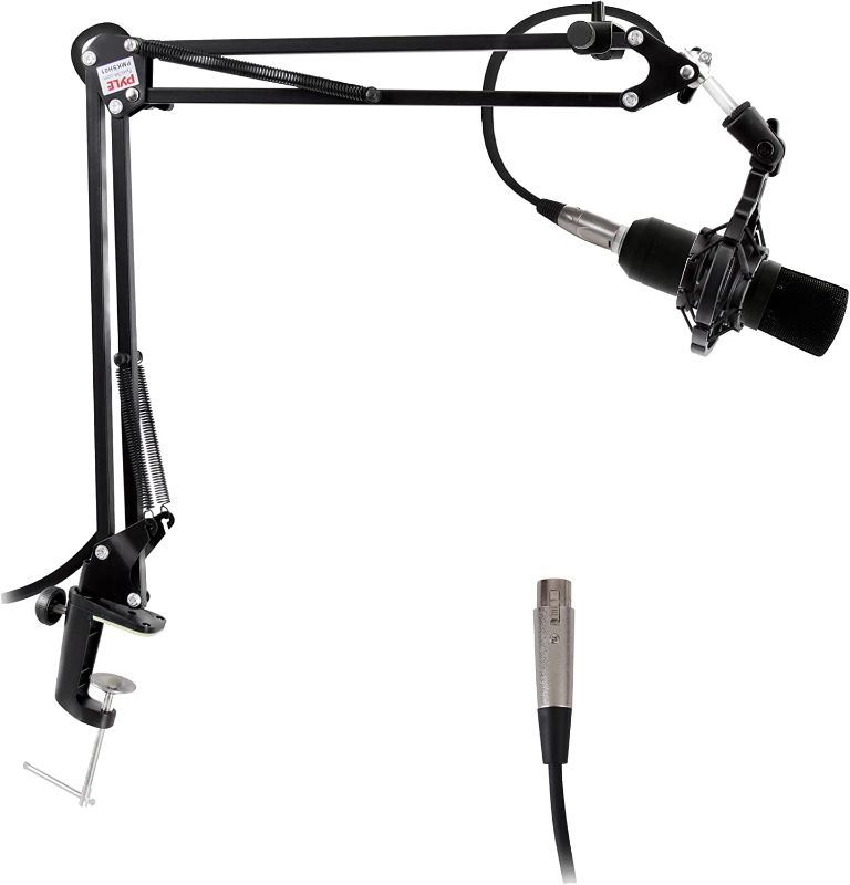 Photo 1 of Suspension Microphone Boom Stand, Simple Clamp-Style Installation, Desktop Scissor Spring Arm Mic Stand w/ Shock Mount, Quick Setup & attached, Maximum Mic Arm Extension Dst= 2.26' ft.- Pyle (PMKSH01)
