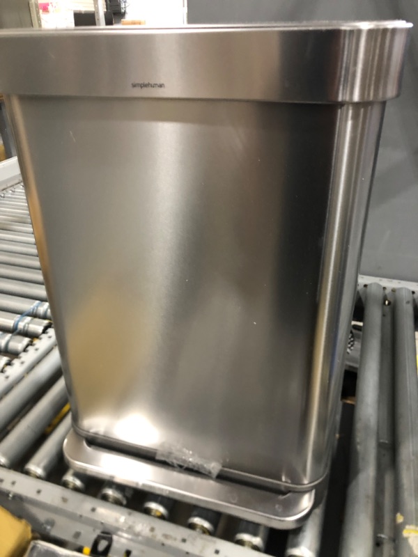 Photo 2 of *DENTED*58-Liter Nano-Silver Clear Coat Brushed Stainless Steel Dual Compartment Rectangular Recycling Step-On Trash Can