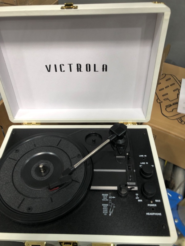 Photo 2 of Victrola Vintage 3-Speed Bluetooth Portable Suitcase Record Player with Built-in Speakers Upgraded Turntable Audio Sound Includes Extra Stylus White (VSC-550BT-WH)