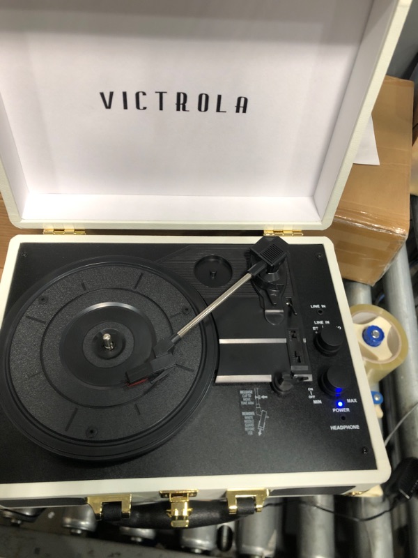 Photo 3 of Victrola Vintage 3-Speed Bluetooth Portable Suitcase Record Player with Built-in Speakers Upgraded Turntable Audio Sound Includes Extra Stylus White (VSC-550BT-WH)