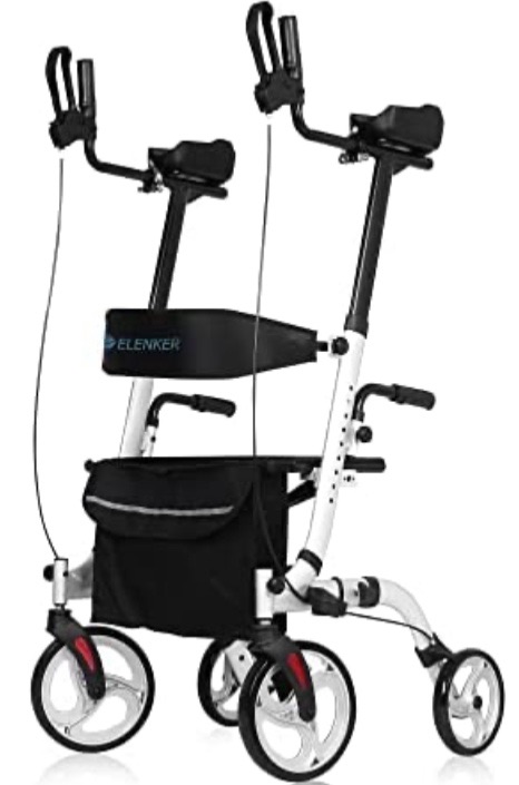 Photo 1 of ELENKER Upright Walker, Stand Up Folding Rollator Walker Back Erect Rolling Mobility Walking Aid with Seat, Padded Armrests for Seniors and Adults, White