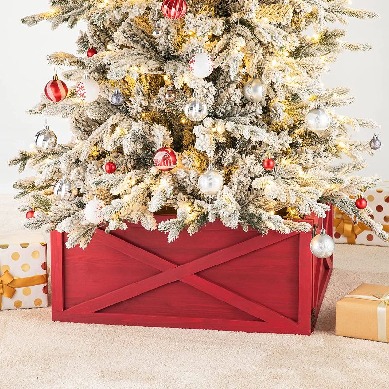 Photo 1 of Glitzhome Wooden Box Collar Stand Cover Christmas Tree Skirt, 22" L, Red
