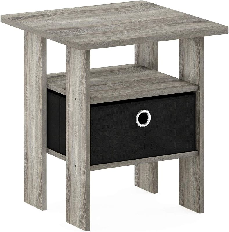 Photo 1 of Furinno Andrey End Table / Side Table / Night Stand / Bedside Table with Bin Drawer, French Oak Grey/Black
