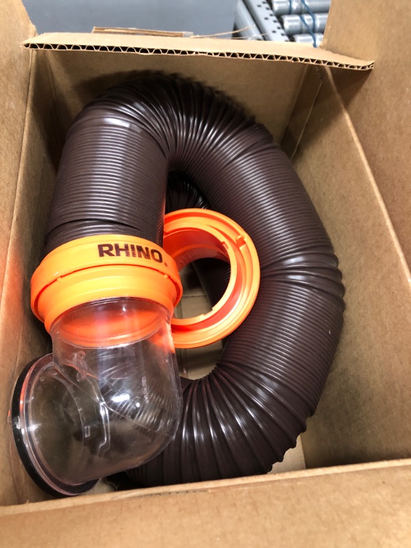 Photo 2 of Camco RhinoFLEX RV Sewer Hose Kit with Swivel Transparent Elbow and 4-in-1 Dump Station Fitting, Brown, 15 Feet (39770)
