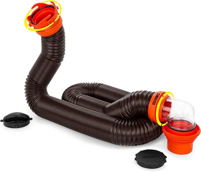 Photo 1 of Camco RhinoFLEX RV Sewer Hose Kit with Swivel Transparent Elbow and 4-in-1 Dump Station Fitting, Brown, 15 Feet (39770)
