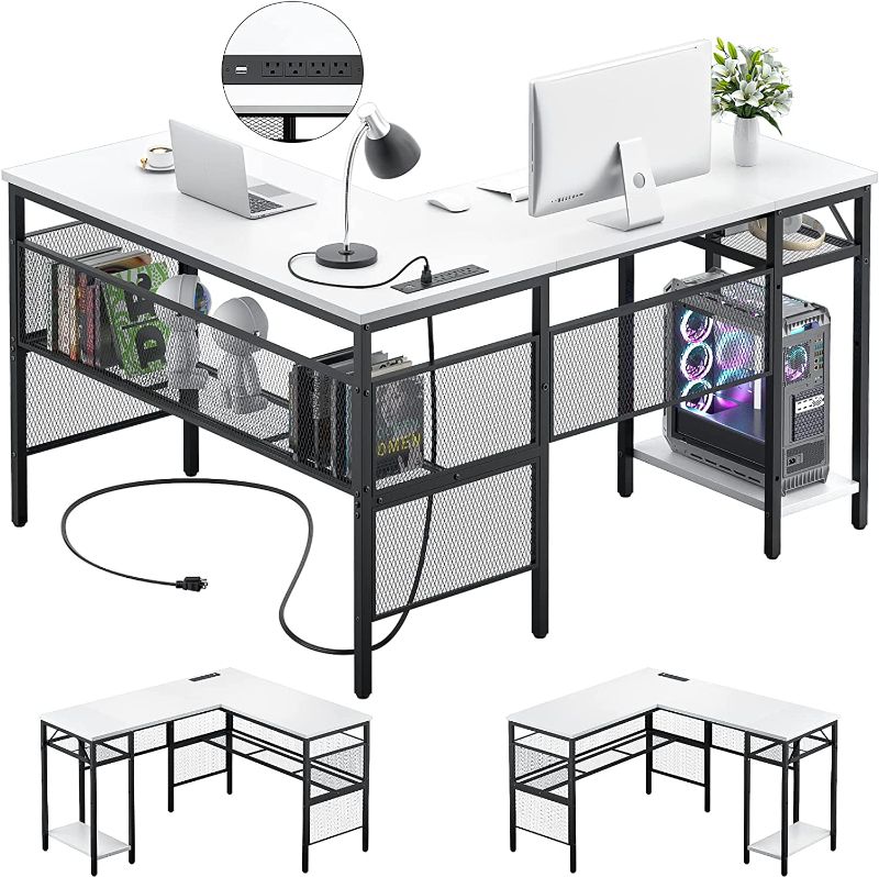 Photo 1 of Unikito L Shaped Desk with USB Charging Port and Power Outlet, Reversible L-Shaped Corner Computer Desk with Storage Shelves, Industrial 2 Person Gaming Table Modern Home Office Desk, White
