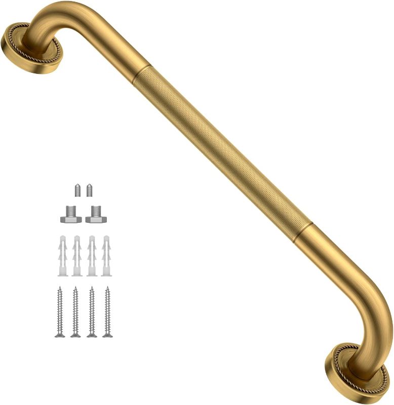 Photo 1 of 20 Inch Anti Slip Bronze Shower Grab Bar Polished Gold,ZUEXT Antique Brass Bathroom Grab Bar, Knurled Bathroom Balance Bar, Safety Hand Rail Support Handicap Elderly Injury Senior Assist Bath Handle
