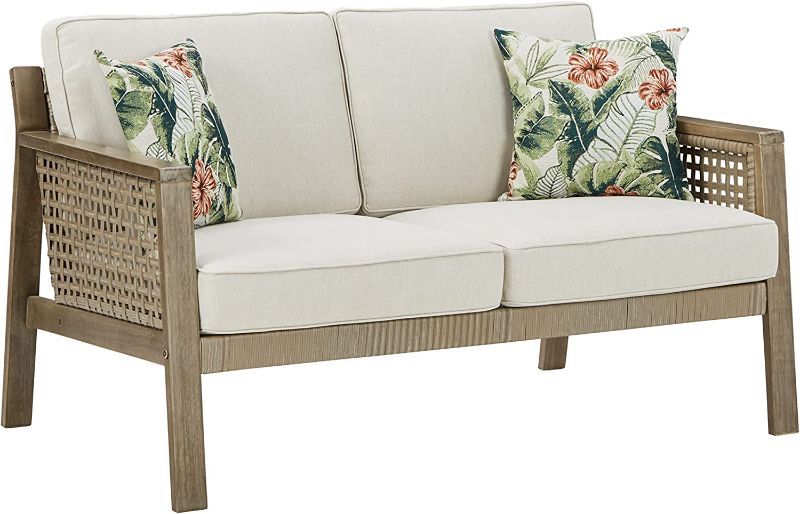 Photo 1 of  Outdoor Barn Cove Wicker Loveseat with Cushion, beige
