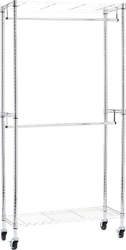 Photo 1 of Amazon Basics Double Hanging Rod Garment Rolling Closet Organizer Rack, Chrome - 72 Inch Height