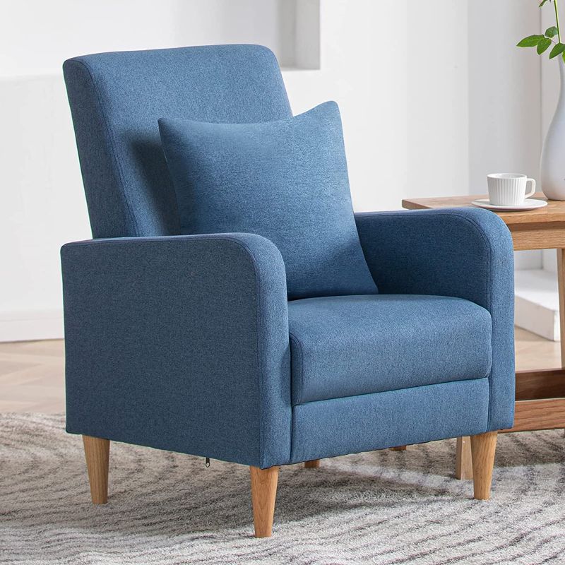 Photo 1 of COLAMY Modern Upholstered Accent Chair Armchair with Pillow, Fabric Reading Living Room Side Chair,Single Sofa with Lounge Seat and Wood Legs, Blue