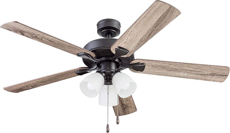 Photo 1 of Portage Bay Ceiling Stannor 52" Bronze Indoor Fan with Frosted 3 Light LED Multi Arm E26/A15 Bulb and Pull-Chains, Traditional Style, 5 Reversible Barnwood/Northern Ebony Blades, 51434