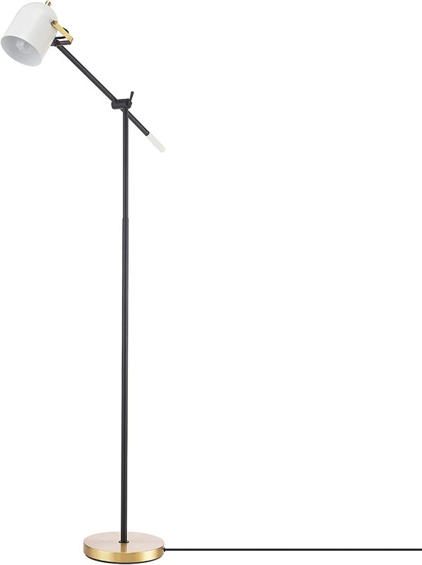 Photo 1 of Globe Electric 65910 65" Floor Lamp, Matte Black, Brass Accents, White Shade, On/Off Rotary Switch on Head
