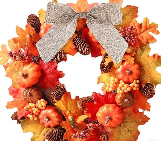 Photo 1 of Fall Door Wreaths for Front Door Autumn Wreath Maple Leaves Pumpkin with Brown Bow for Thanksgiving 16 inch