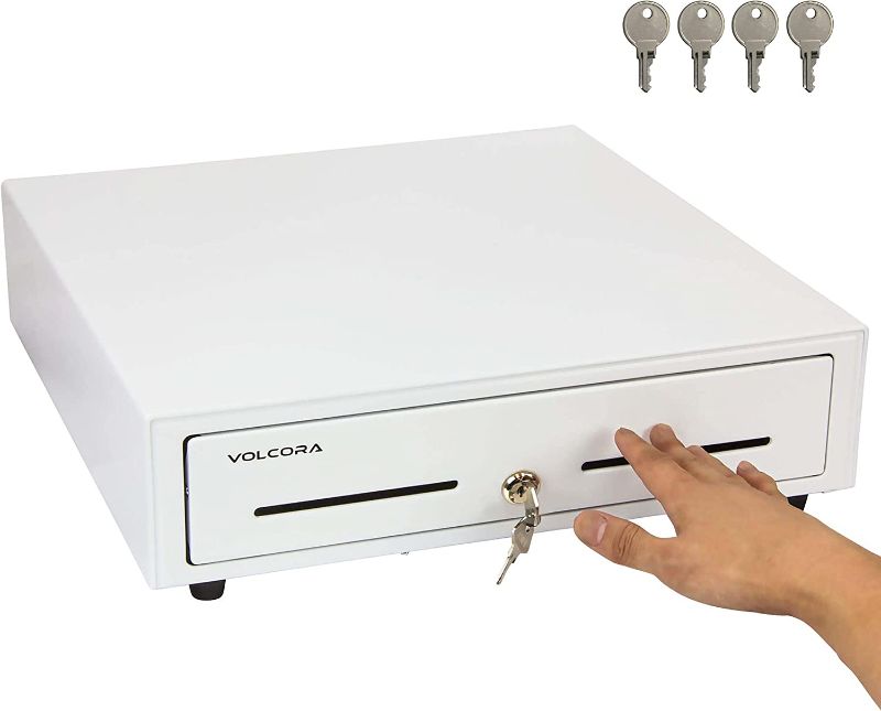Photo 1 of 16” Manual Push Open Cash Register Drawer for Point of Sale (POS) System, White Heavy Duty Till with 5 Bills/8 Coin Slots, Key Lock with Fully Removable Money Tray and Double Media Slots

