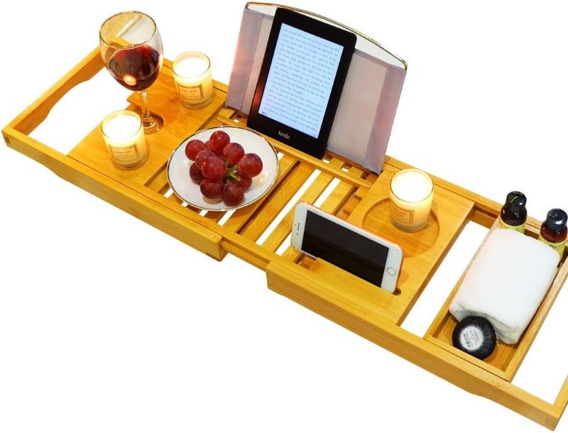 Photo 1 of Bath Tray Bathtub Caddy Tray Bath Caddy Bridge – Extendable Tray with Candle, Wine Glass, book, Phone Holder - Fits Most Bath Sizes Gift for Women, Mother's Day Set
