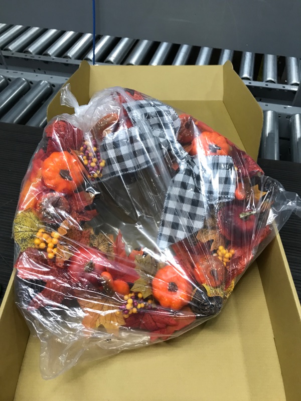 Photo 2 of Fall Wreaths for Front Door Maple Leaves Pumpkin Wreath with Buffalo Bow for Front Door 16 inch