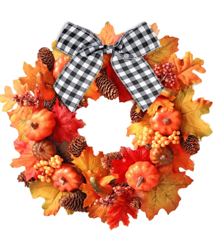 Photo 1 of Fall Wreaths for Front Door Maple Leaves Pumpkin Wreath with Buffalo Bow for Front Door 16 inch