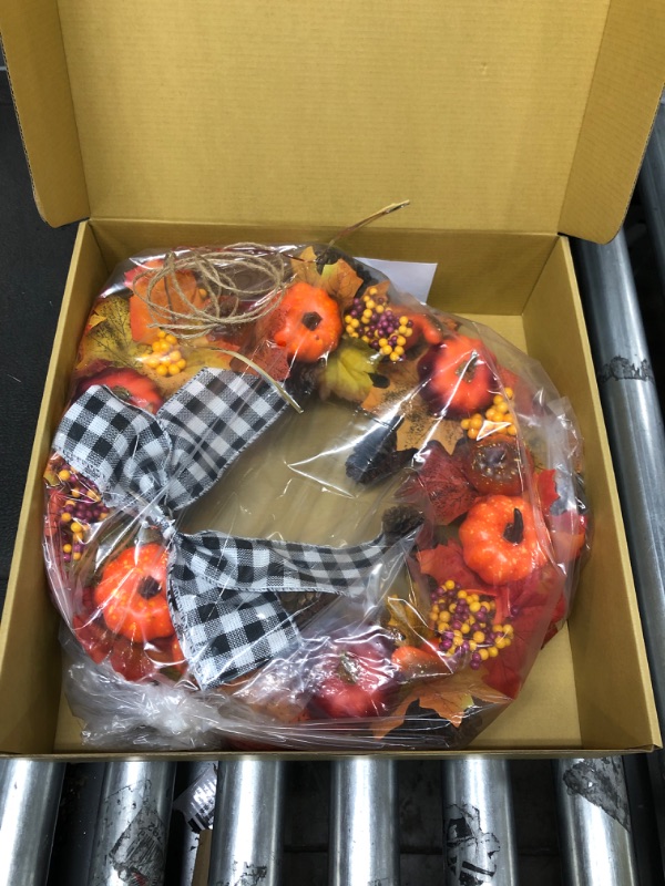 Photo 1 of Fall Wreaths for Front Door Maple Leaves Pumpkin Wreath with Buffalo Bow for Front Door 16 inch