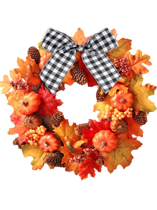 Photo 1 of Fall Wreaths for Front Door Maple Leaves Pumpkin Wreath with Buffalo Bow for Front Door 16 inch