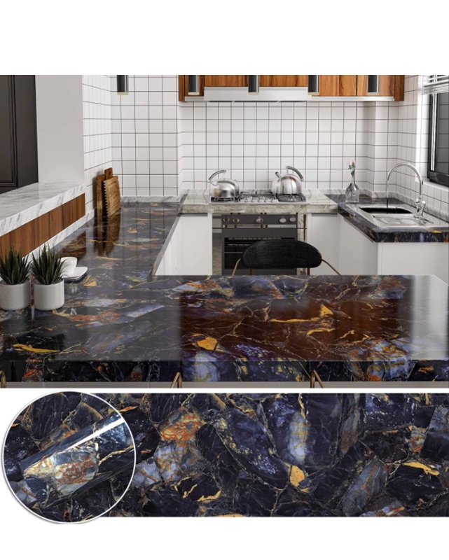 Photo 1 of CHICHOME Blue Gold Marble Wallpaper Peel and Stick 118x30 Inch Marble Contact Paper Self Adhesive Waterproof PVC Granite Paper Removable for Cabinet Countertop Furniture Decorative Wallpaper Roll