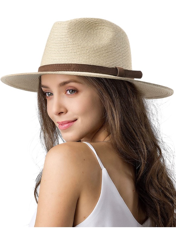 Photo 1 of Womens Mens Wide Brim Straw Panama Hat Fedora Summer Beach Sun Hat UPF Straw Hat for Women medium-large