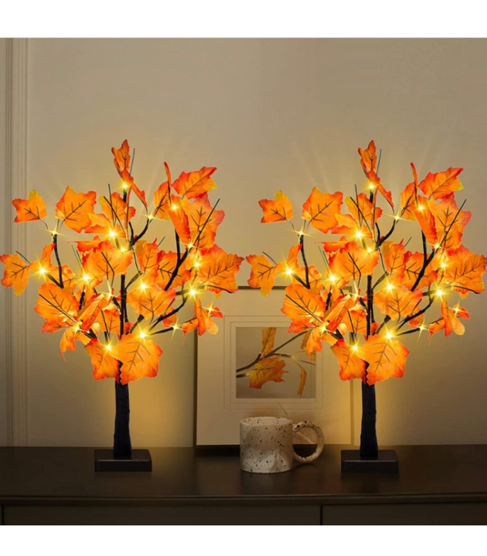 Photo 1 of 2 Pack 24-inch Fall Lighted Maple Tree, 48 LED Lights, Thanksgiving Decoration Table Tree, Battery Operated DIY Artificial Tree, Centerpieces Decor Tree for Home Desktop Autumn Harvest Tabletop Indoor