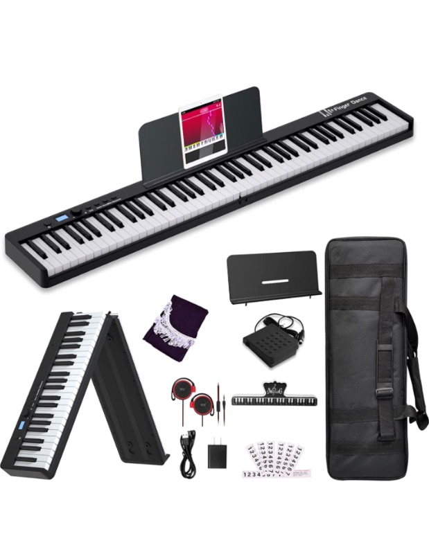 Photo 1 of Finger Dance Folding Piano Electric Piano Keyboard with Stand Full Size Upgrade Wood Grain Touch Sensitive 88 Keys Digital Piano with Bluetooth MIDI Portable Piano Keyboard for Beginners ?Deep Black?