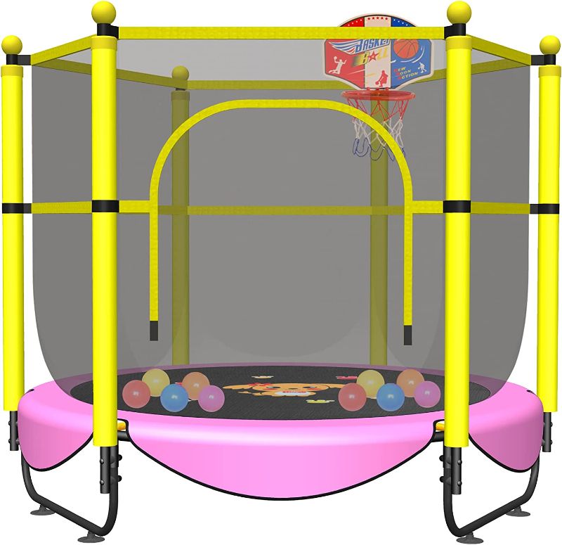 Photo 1 of **Missing Hardware** VGMiu 60" Trampoline for Kids, 5 FT Indoor & Outdoor Small Toddler Trampoline with Basketball Hoop, Safety Enclosure, Baby Trampoline Toys, Birthday Gifts for Kids, Gifts for Boy and Girl, Age 1-8