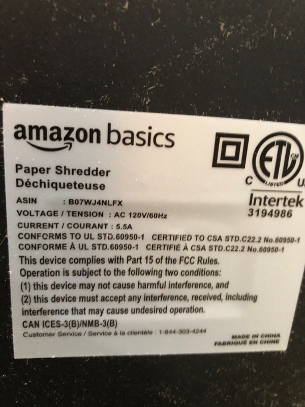 Photo 6 of AmazonBasics 24-Sheet Cross-Cut Paper, CD and Credit Card Home Office Shredder with Pullout Basket (TESTED AND FUNCTIONS. USED. LID IS DAMAGED, DOESNT STAY ON)