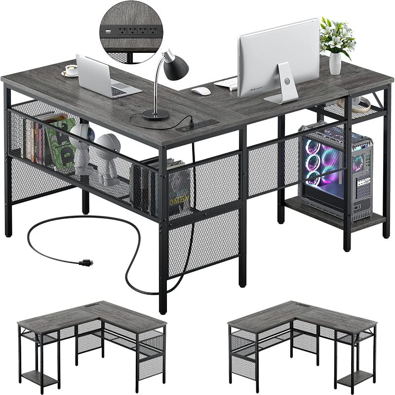 Photo 1 of Unikito L Shaped Computer Desk with USB Charging Port and Power Outlet, Reversible L-Shaped Corner Desk with Storage Shelves, Industrial 2 Person Long Gaming Table Modern Home Office Desk, Black Oak
