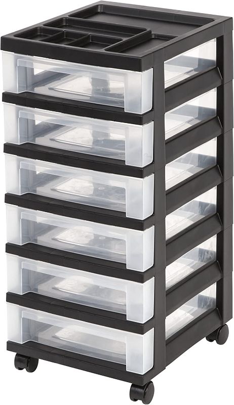 Photo 1 of IRIS USA MC-360-TOP Plastic Storage Drawer, Rolling Cart with Organizer Top, 6 BLK CLR, Black
