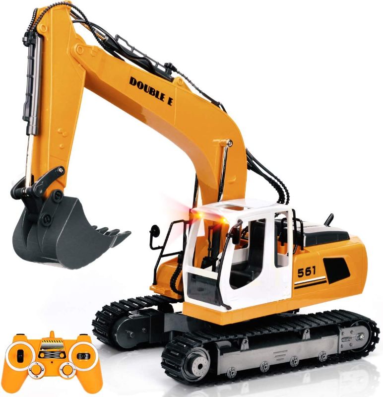 Photo 1 of DOUBLE E Remote Control Truck RC Excavator Toy 17 Channel 3 in 1 Claw Drill Metal Shovel Real Hydraulic Electric RC Construction Vehicle with Working Lights
