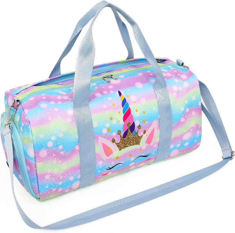 Photo 1 of Duffle Bag Teen Girls Kids Cute Unicorn Gym Bag with Shoe Compartment and Wet Separation Sports Overnight Carry On Bag Travel Bag with Sorting Bag (Light Blue)