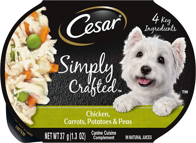 Photo 1 of *** BEST BY 03/14/2024 *** CESAR Simply Crafted Adult Wet Dog Food Meal Topper, Chicken, Carrots, Potatoes & Peas, (10) 1.3 oz. Tubs

