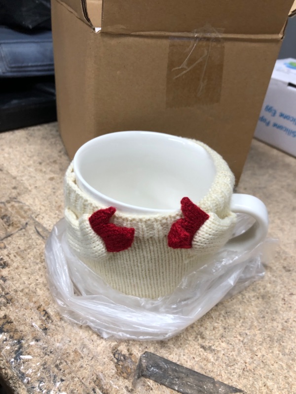 Photo 2 of Sweater Mug Winter Cozy Gifts Red & White Gloves Tree Gift Mugs - Holiday Seasonal Gift, 14oz 3.5" Removable Crochet Winter Season Cup, Cute Merry Santa, Reindeer, Snowman, Snowflake Design