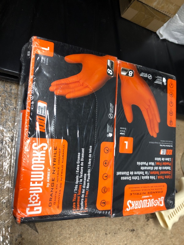 Photo 2 of GLOVEWORKS HD Orange Nitrile Industrial Disposable Gloves, 8 Mil, Latex-Free, Raised Diamond Texture, Large, 2 Boxes of 100