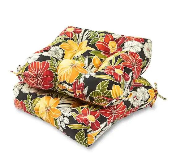 Photo 1 of  Aloha Floral Black Square Tufted Outdoor Seat Cushion (2-Pack)
