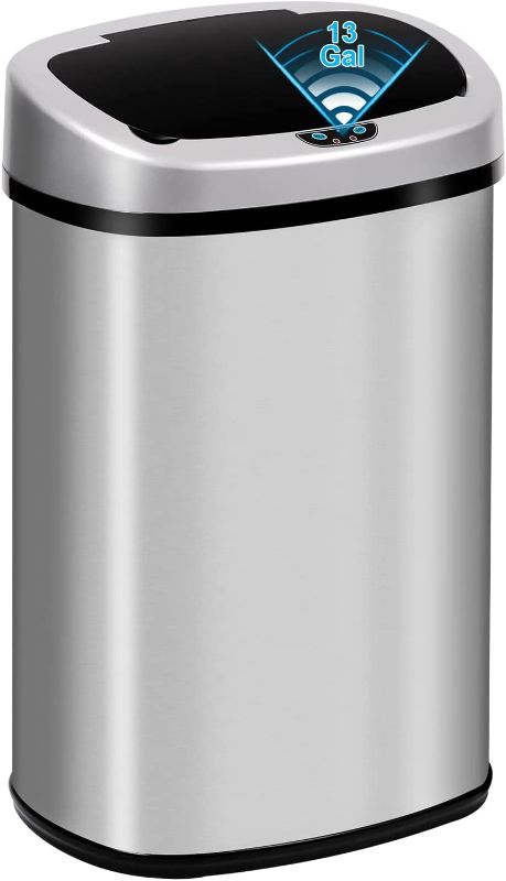 Photo 1 of 13 Gallon Automatic Trash Can with Lid, Touch Free Stainless Steel Kitchen Smart Garbage Can 50L High Capacity Electronic Sensor Trash/ Waste Bin for Room Kitchen Office, Silver
