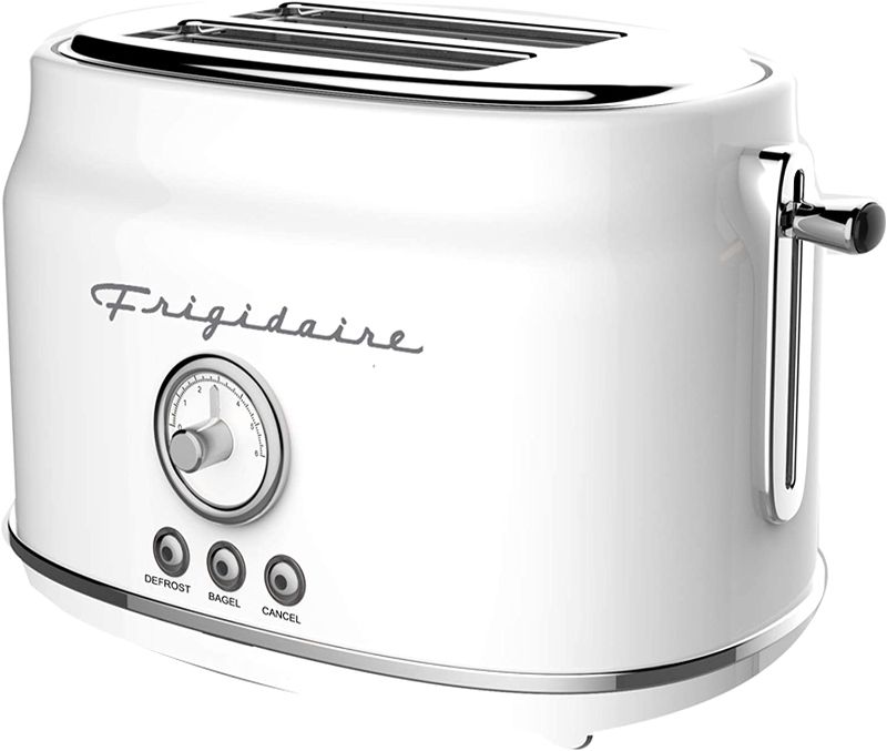 Photo 2 of Frigidaire ETO102-WHITE, 2 Slice Toaster, Retro Style, Wide Slot for Bread, English Muffins, Croissants, and Bagels, 5 Adjustable Toast Settings, Cancel and Defrost, 900w, White
