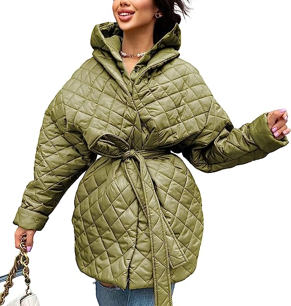 Photo 1 of BTFBM Women Button Down Quilted Jacket Coat 2023 Fall Winter Fashion Belt Pockets Removable Padded Hood Puffer Outerwear
