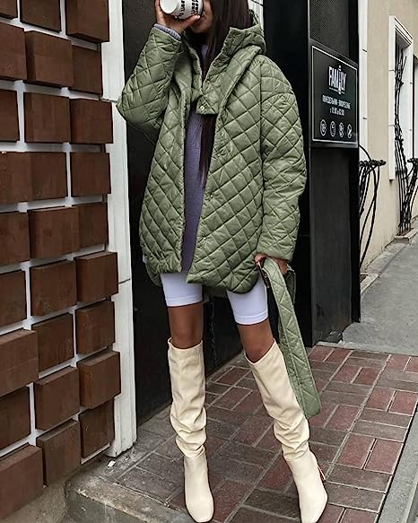 Photo 1 of BTFBM Women Button Down Quilted Jacket Coat 2023 Fall Winter Fashion Belt Pockets Removable Padded Hood Puffer Outerwear SMALL
