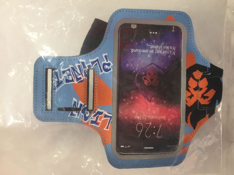 Photo 2 of Cell Phone Armband Case. for Screen Size of 6.8 inches and Below. with Card Holder, Key Slot, & Earphone Cord Holder. Wear in Running, Workout, Sports, Fitness and Gym. (Graffiti Light Blue, M 6.5")
