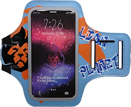 Photo 1 of Cell Phone Armband Case. for Screen Size of 6.8 inches and Below. with Card Holder, Key Slot, & Earphone Cord Holder. Wear in Running, Workout, Sports, Fitness and Gym. (Graffiti Light Blue, M 6.5")
