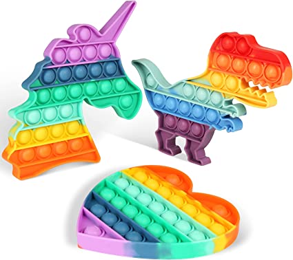 Photo 1 of Fescuty Rainbow Unicorn Dinosaur Pop Stress Relief Fidget Toys Heart Sensory Toys Autism Learning Materials for Anxiety Stress Relief Squeeze Toy Class Rewards Students Party Gifts for Kids 3 PCS