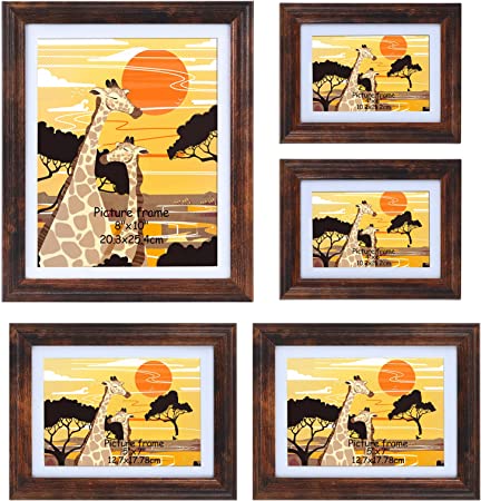 Photo 1 of Brown Picture Frame Set of One 8x10, Two 5x7, Two 4x6 Frames, Rustic Multi Size Photo Frames with Mat for Wall and Tabletop
