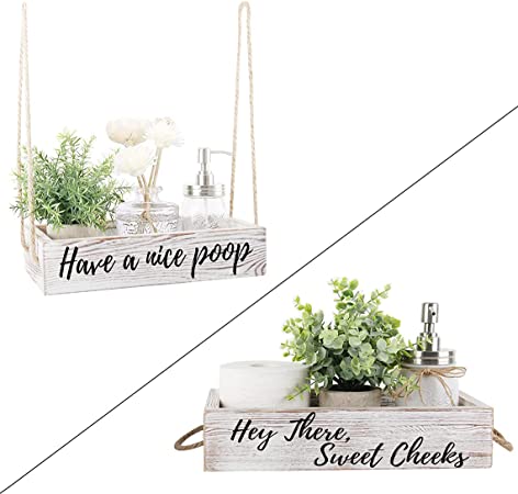 Photo 1 of Bathroom Decor Box, 2 Sides of Funny Signs Toilet Paper Storage, Rustic Wooden Farmhouse Bathroom Organizer Storage Home Decor with Two Long and Short Hemp Rope,White
