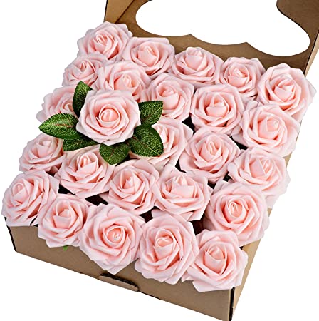 Photo 1 of Breeze Talk Artificial Flowers Blush Roses 25pcs Realistic Fake Roses w/Stem for DIY Wedding Bouquets Centerpieces Arrangements Party Baby Shower Home Decorations
