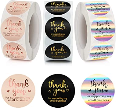 Photo 1 of 1500 Pieces Thank You Purchase Stickers Thank You Roll Labels Thank You for Supporting My Small Business Stickers Holographic Rose Gold Black for Business Stores, 3 Rolls (1 Inch)
